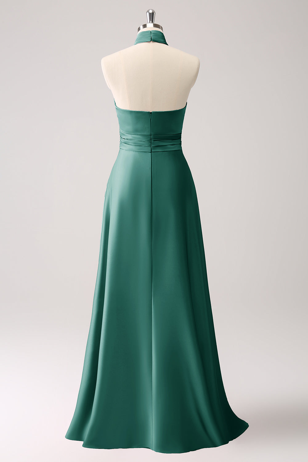 Dark Green A Line Halter Pleated Floral Satin Backless Long Prom Dress with Slit