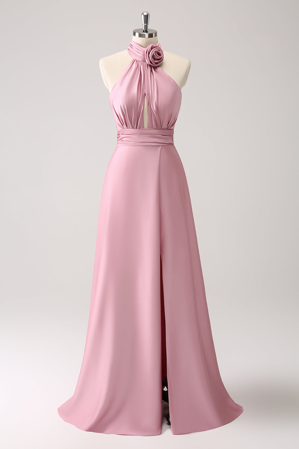 Pink A-Line Halter Pleated Floral Satin Backless Long Prom Dress with Slit