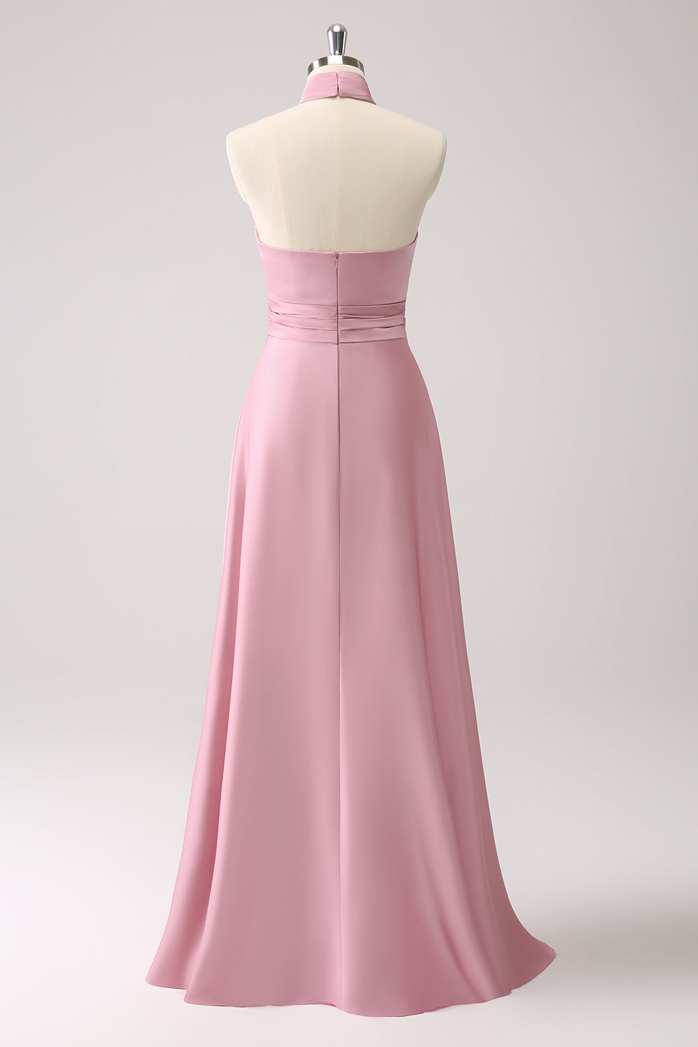 Pink A-Line Halter Pleated Floral Satin Backless Long Prom Dress with Slit