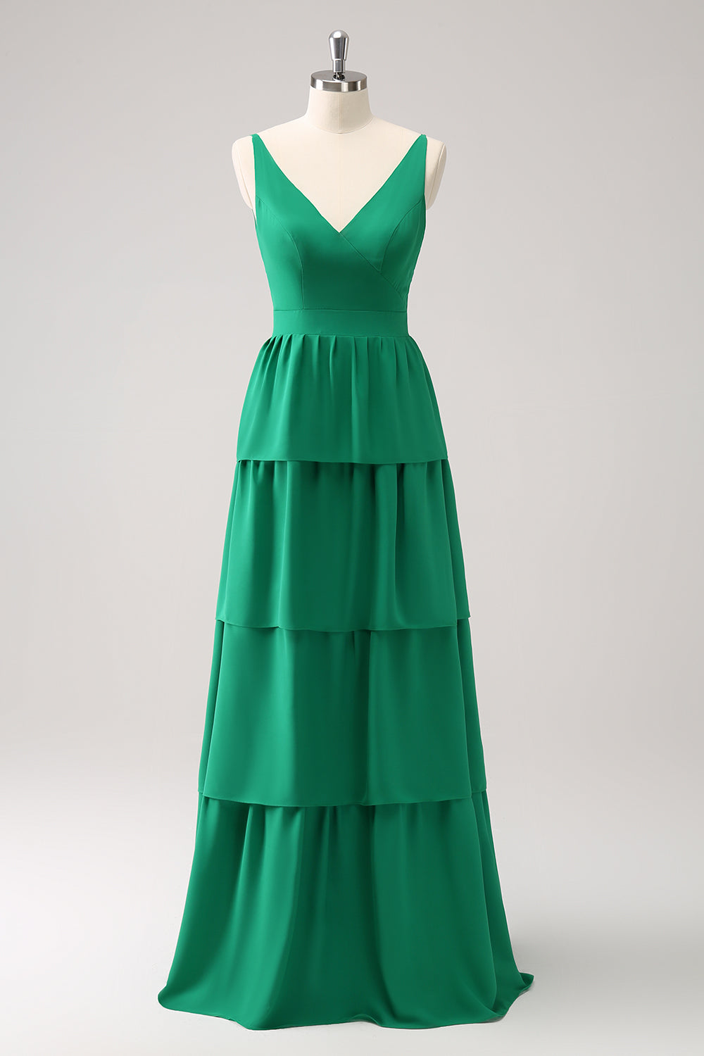 Green A Line V Neck Tiered Ruched Long Bridesmaid Dress