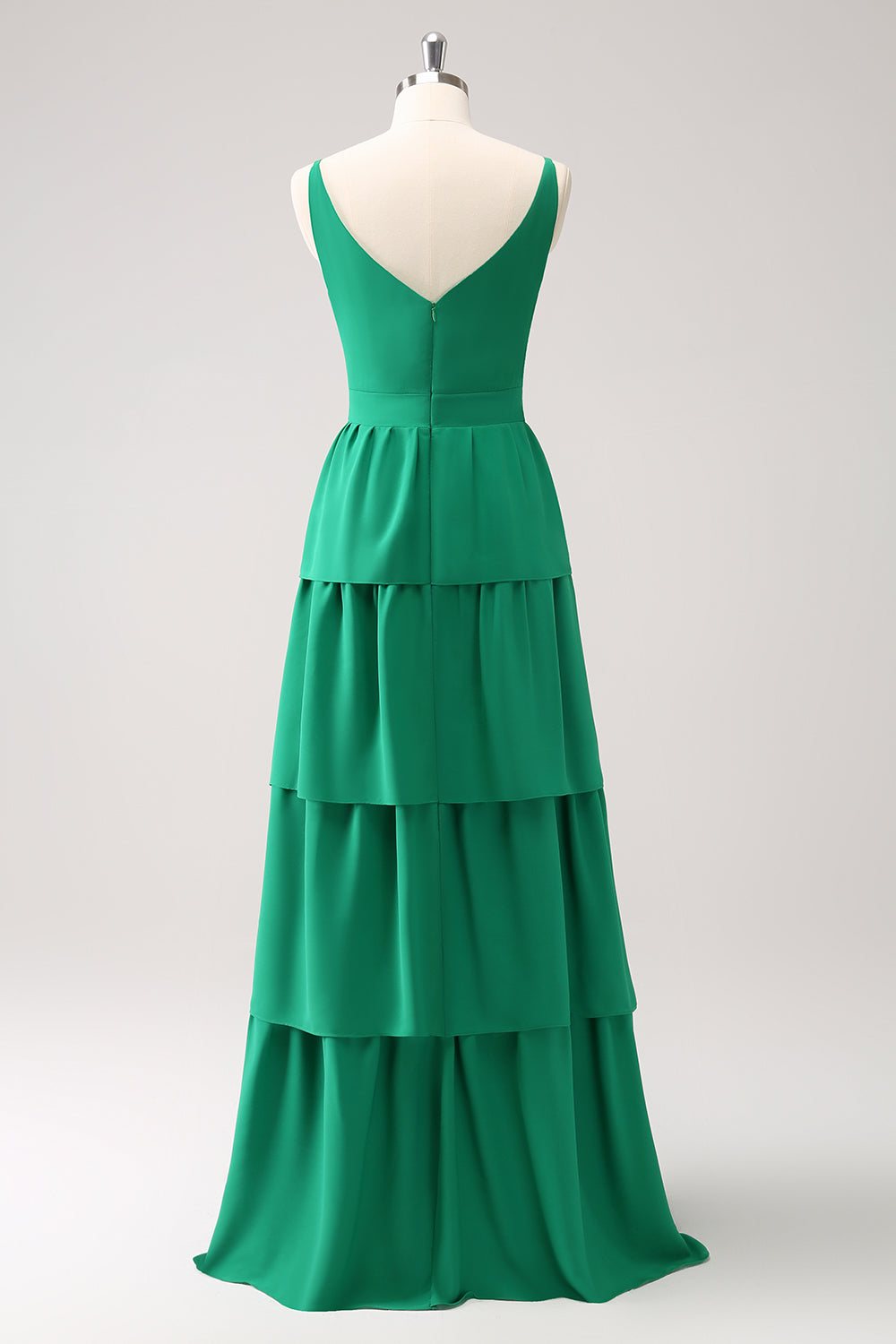 Green A Line V Neck Tiered Ruched Long Bridesmaid Dress