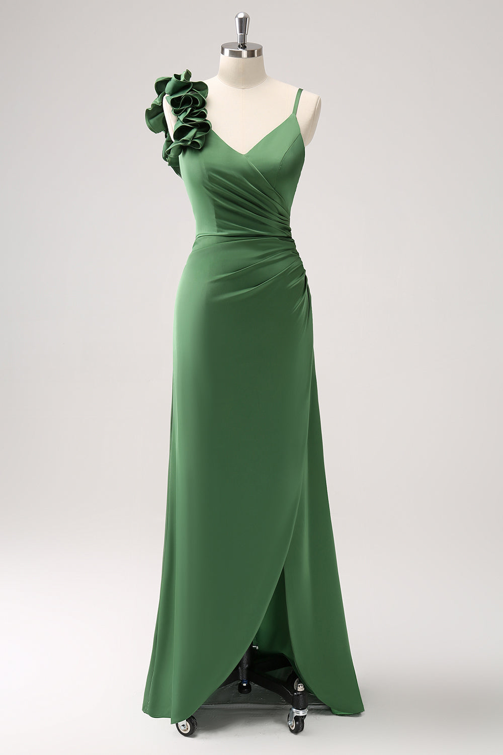 Olive Green Sheath Spaghetti Straps Pleated Satin Long Bridesmaid Dress with Slit