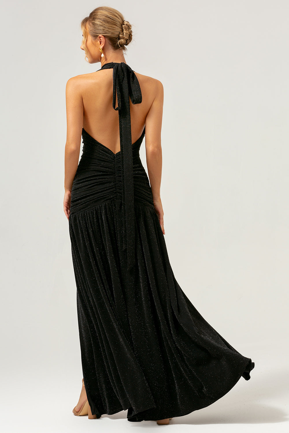 Black A Line Halter Pleated Long Backless Prom Dress with Slit