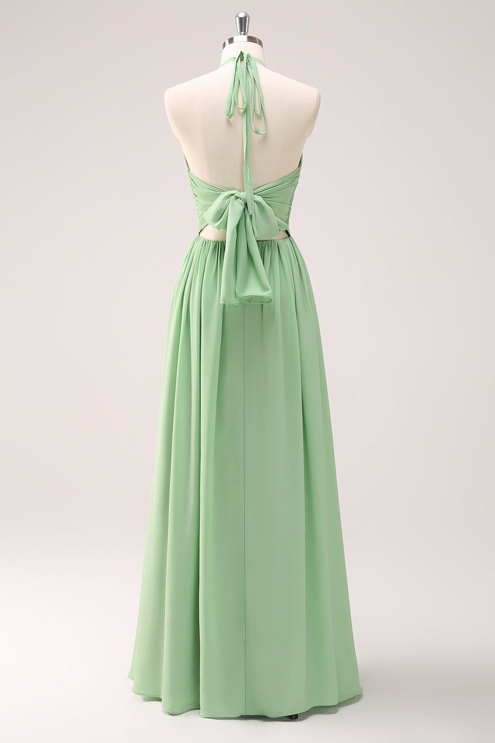 Light Green A Line Halter Backless Lace Up Ruched Long Bridesmaid Dress