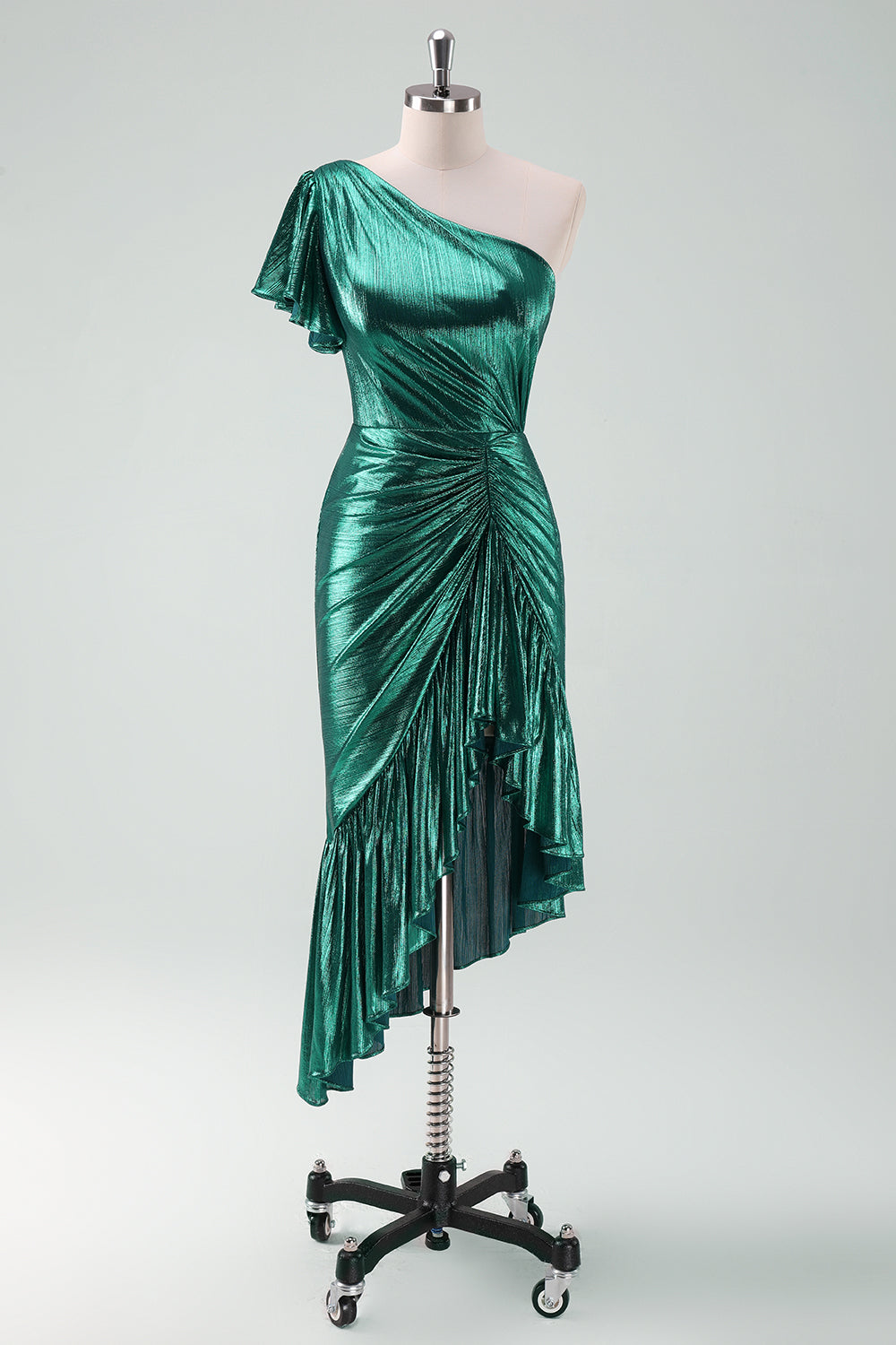 Dark Green Metallic One Shoulder Mermaid Cocktail Dress with Ruffles