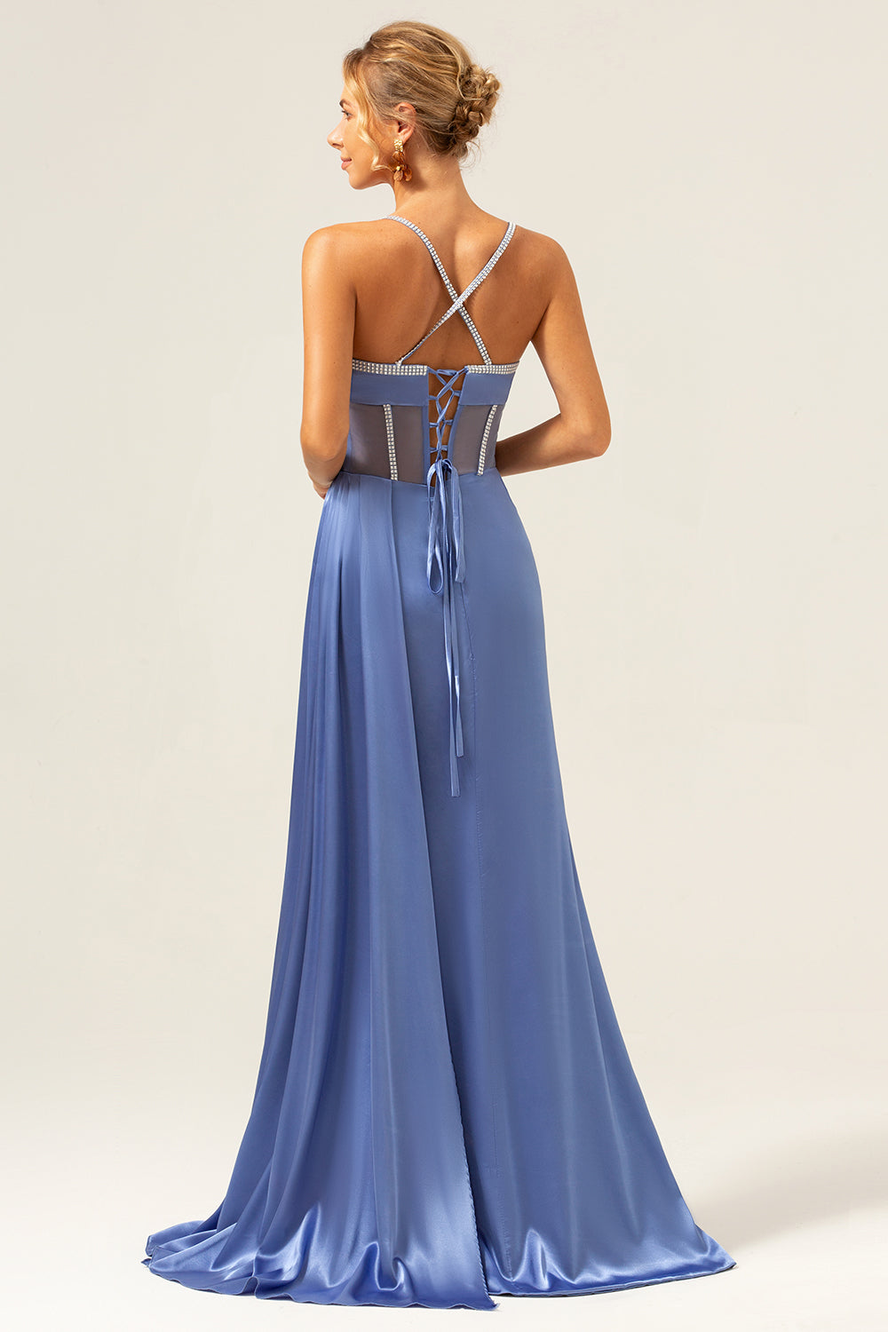 Blue Sheath Spaghetti Straps Sequin Satin Corset Long Prom Dress with Slit