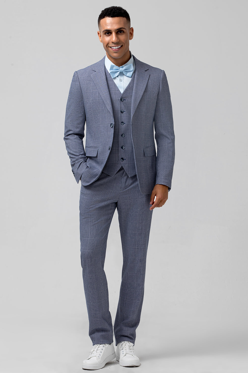 Men’s Grey Blue Single Breasted Notch Lapel Jacquard 3 Piece Wedding Suits