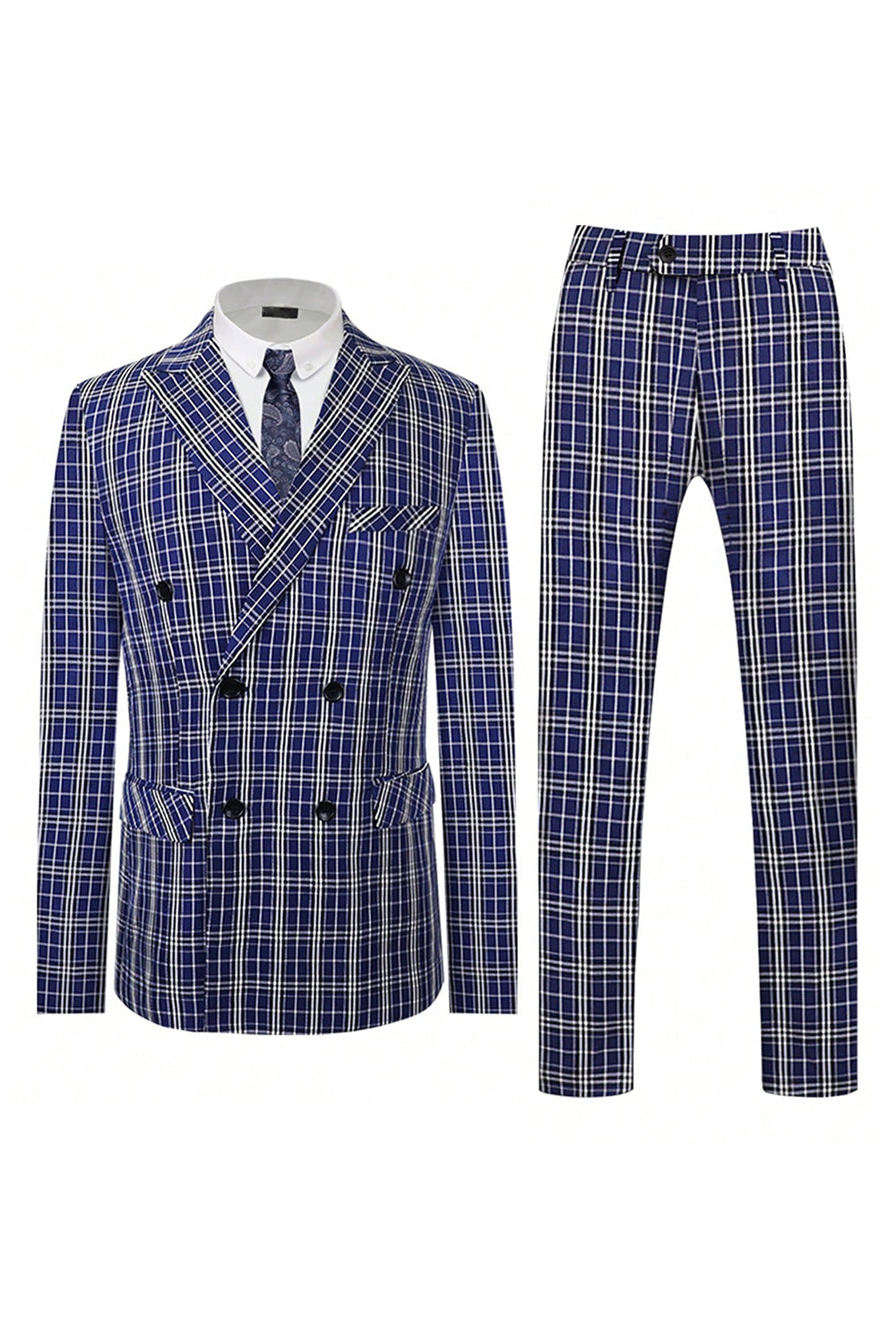 Men’s Royal Blue Plaid Peak Lapel Double Breasted 2 Piece Suit