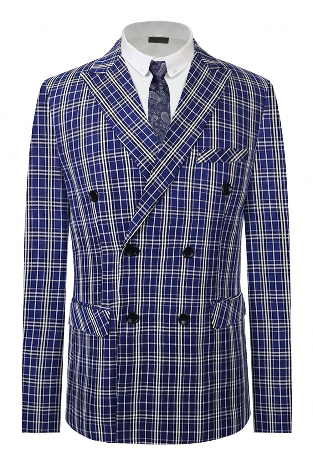 Men’s Royal Blue Plaid Peak Lapel Double Breasted 2 Piece Suit