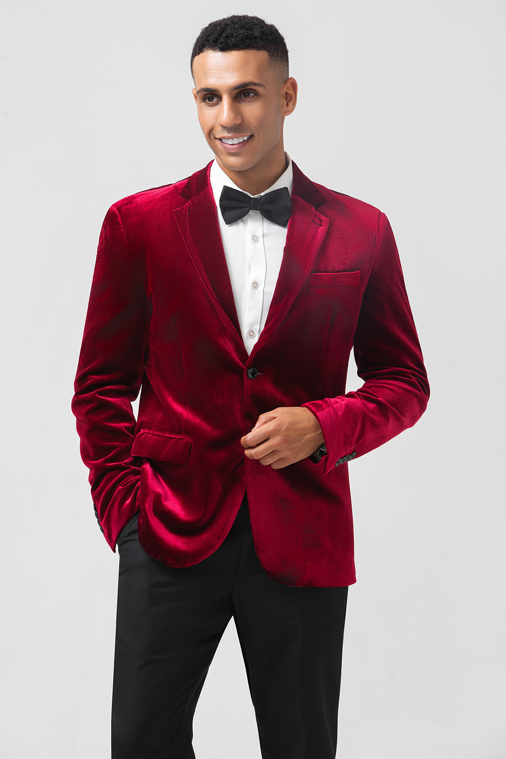 Men’s Burgundy Notched Lapel Velvet Single Breasted Prom Blazer