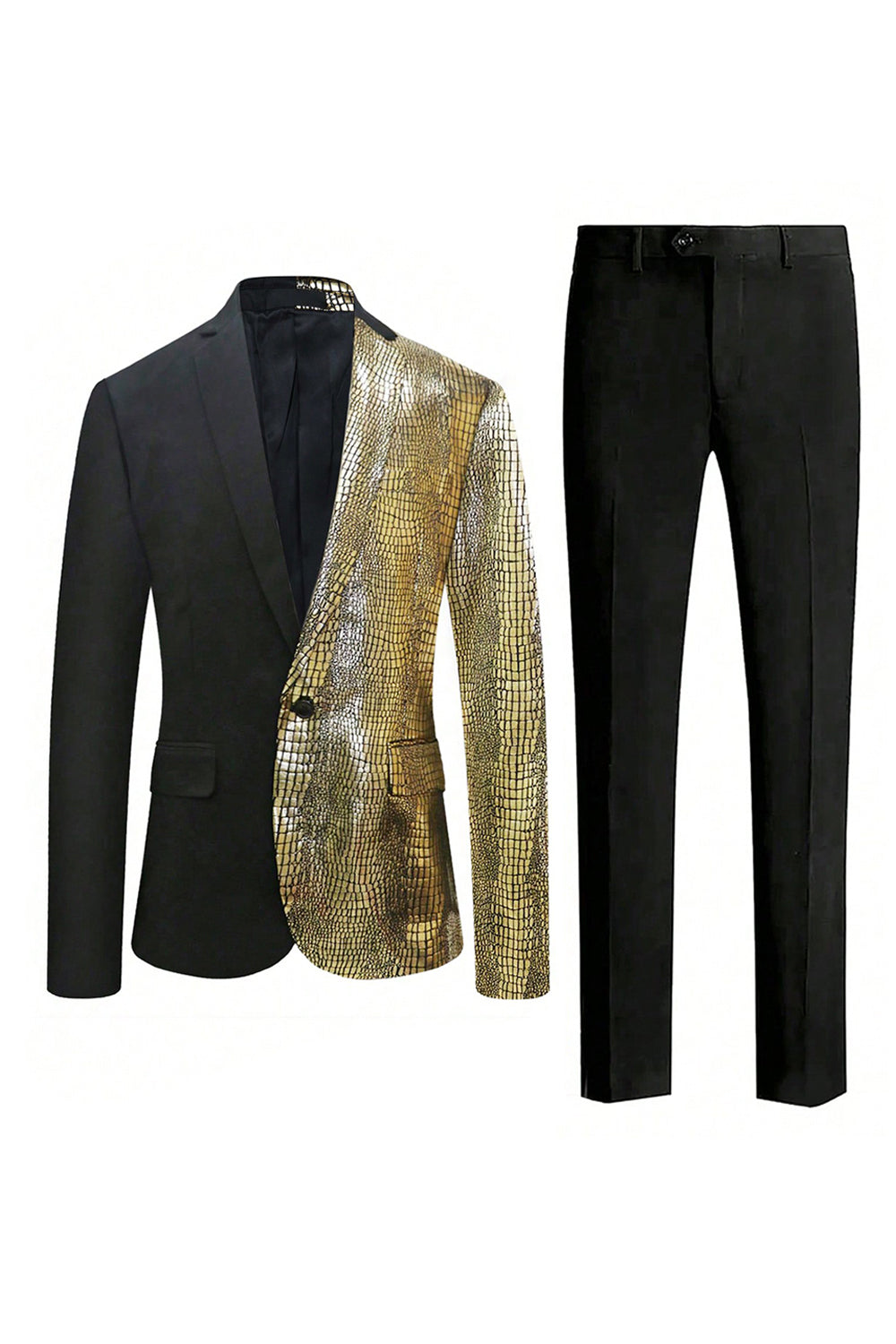 Men’s Sparkly Black Golden 2 Pieces One Button Notched Lapel Prom Suit