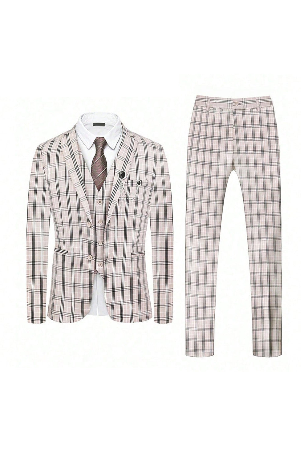 Men’s Light Khaki Plaid Notched Lapel 3 Pieces Suits