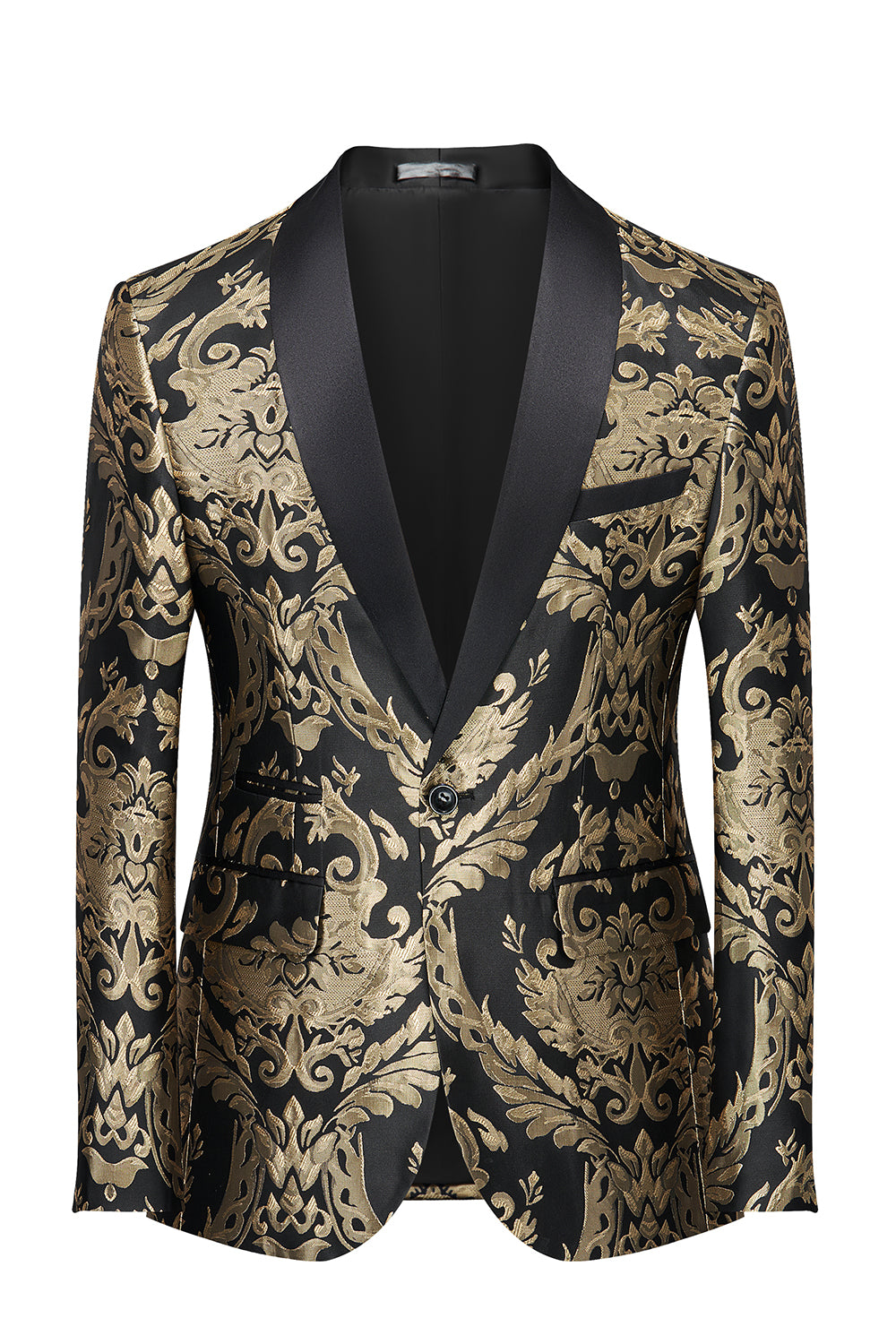 Men’s Black Golden Shawl Lapel One Button Jacquard Prom Blazer