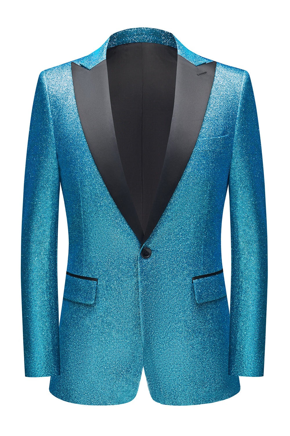 Men’s Peacock Blue Sparkly Peak Lapel One Button 2 Piece Prom Suits