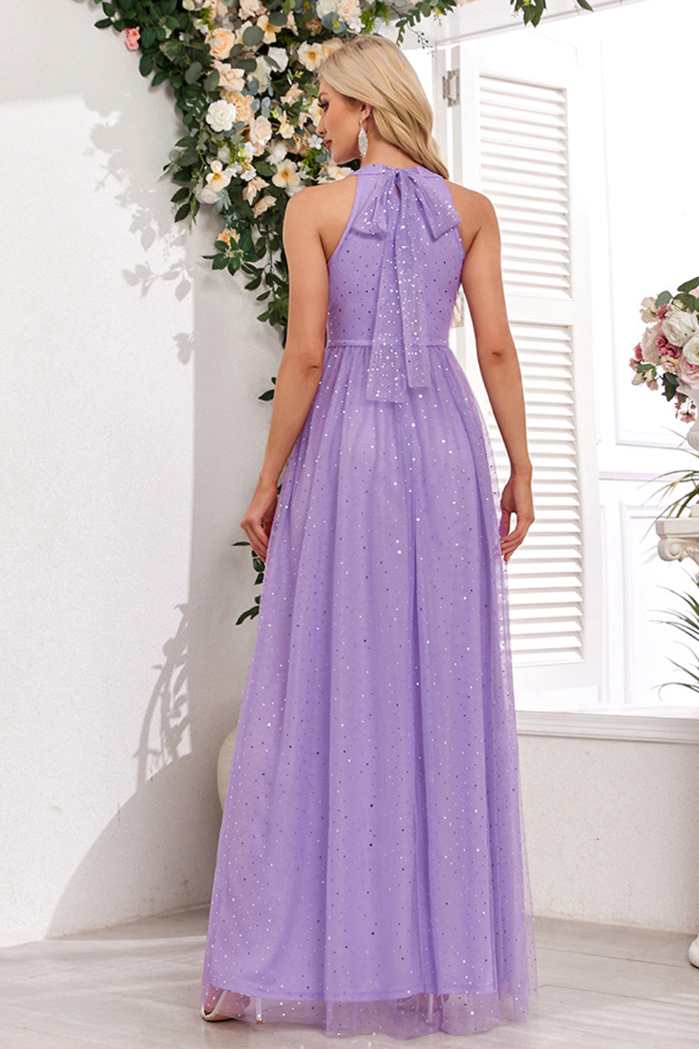 Stylish Sparkly Purple A Line Halter Long Wedding Party Guest Dress