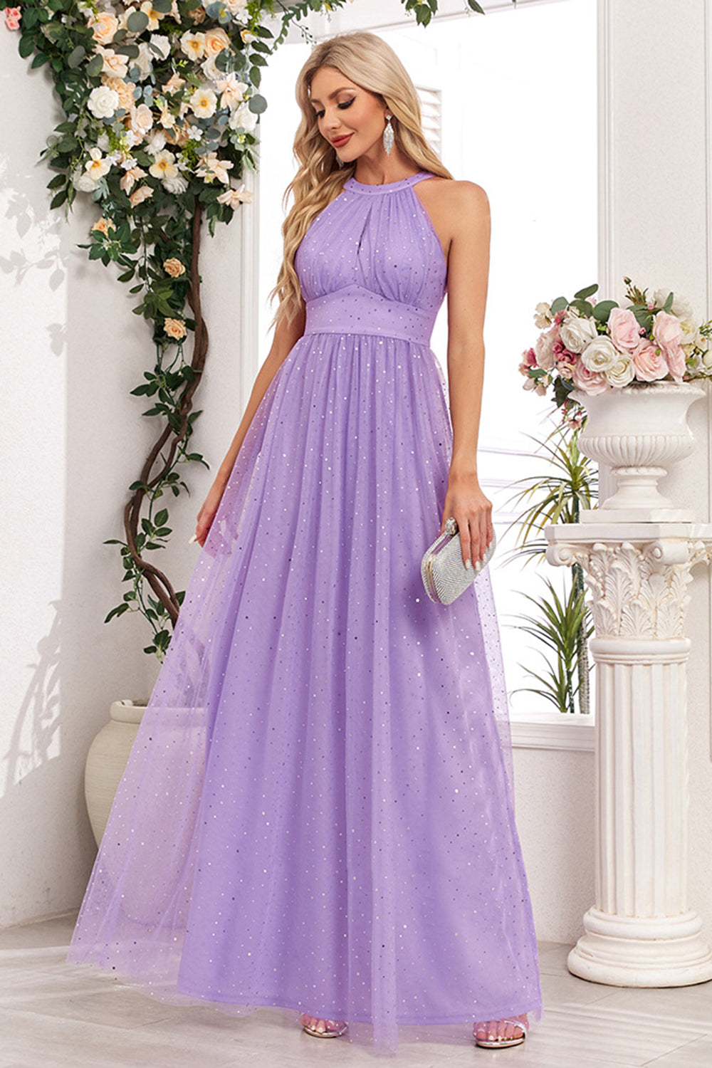 Stylish Sparkly Purple A Line Halter Long Wedding Party Guest Dress