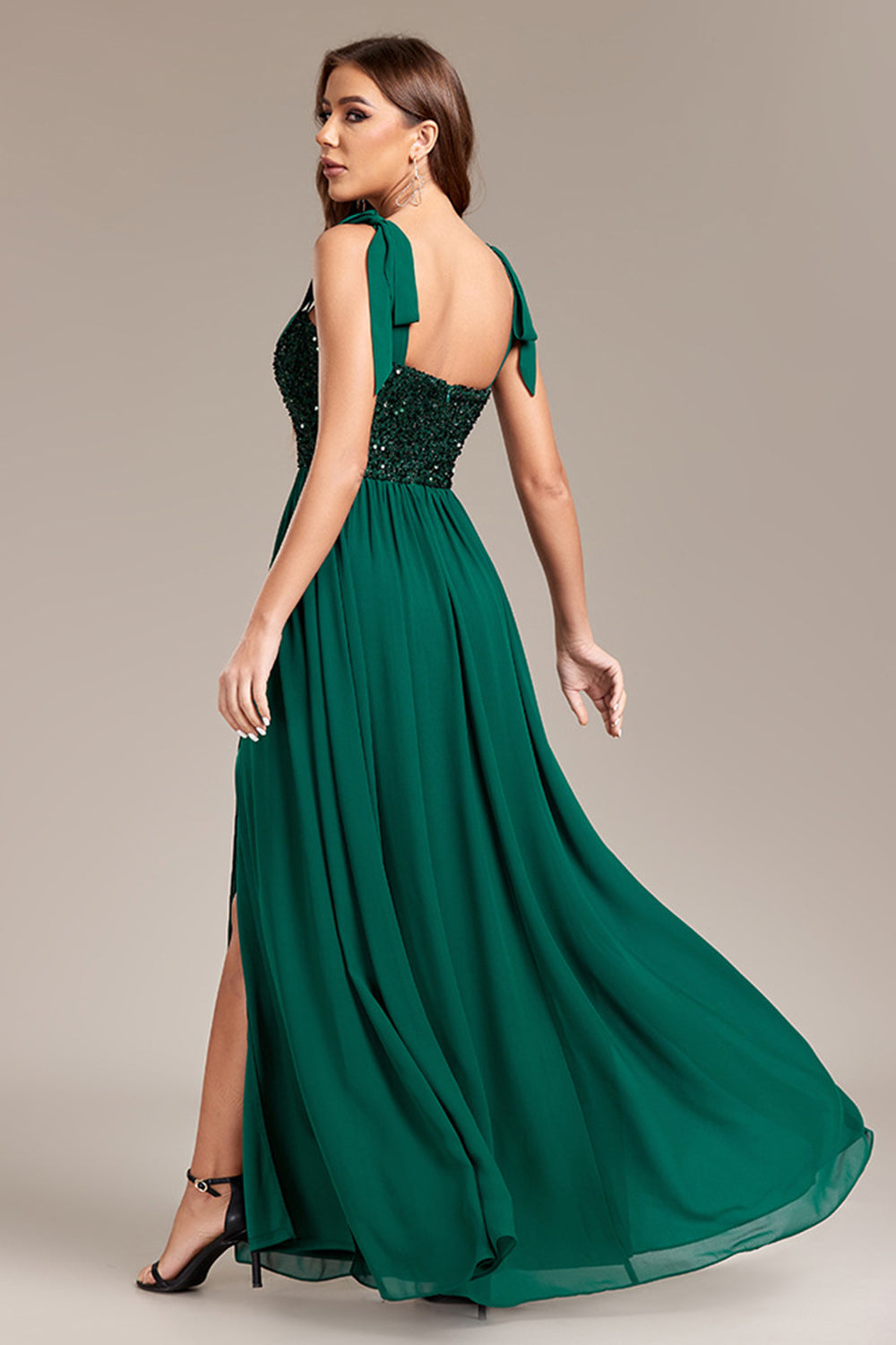 Sparkly Green A Line Sequins Backless Maxi Dress With Slit