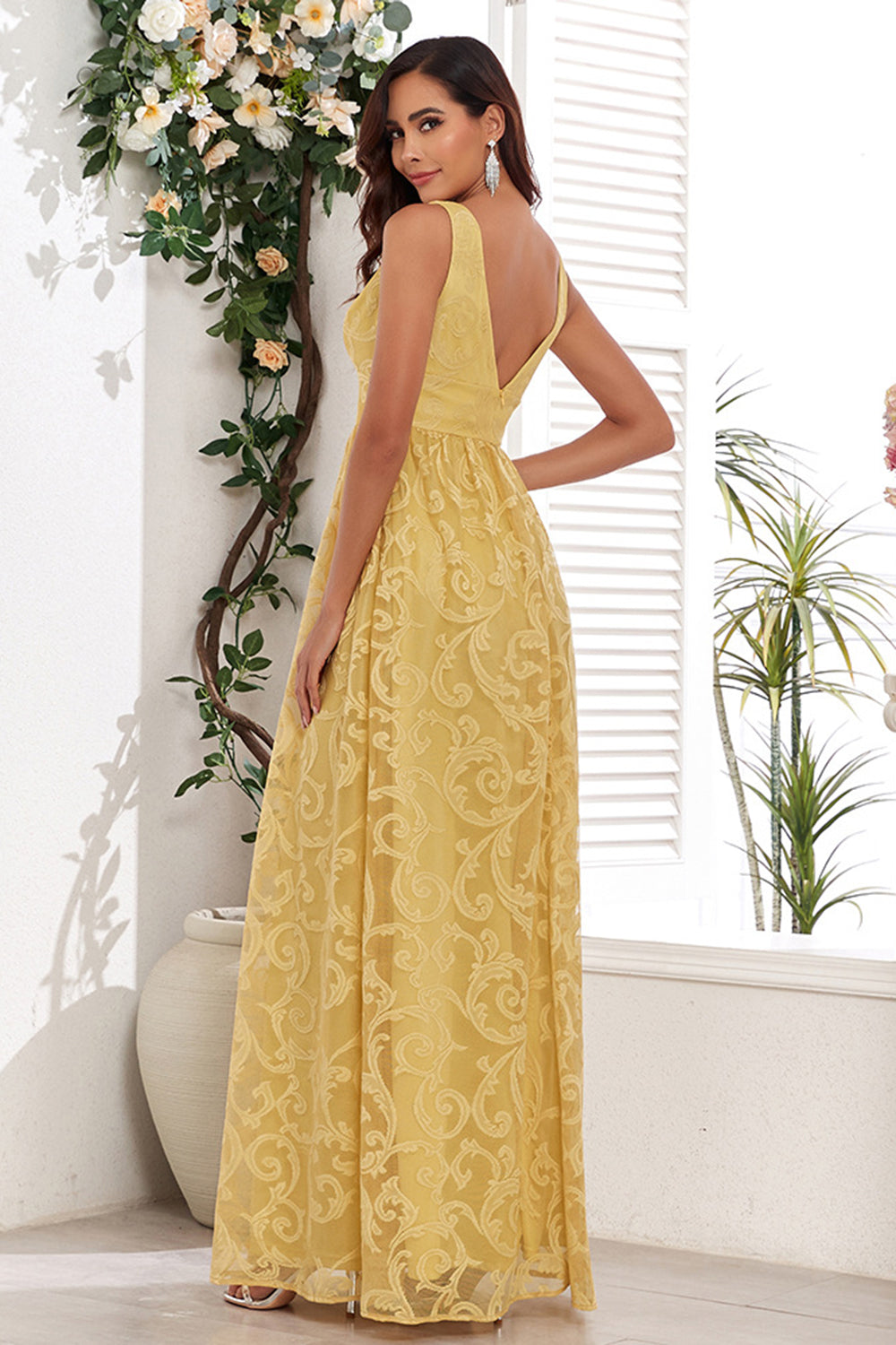 Yellow A Line V-Neck Wedding Party Guest Dress With Appliques