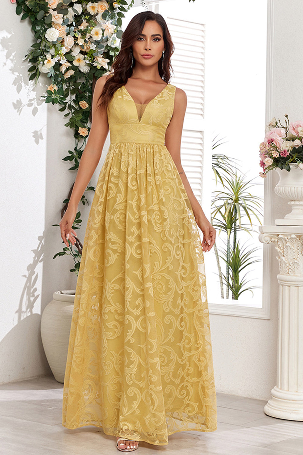 Yellow A Line V-Neck Wedding Party Guest Dress With Appliques