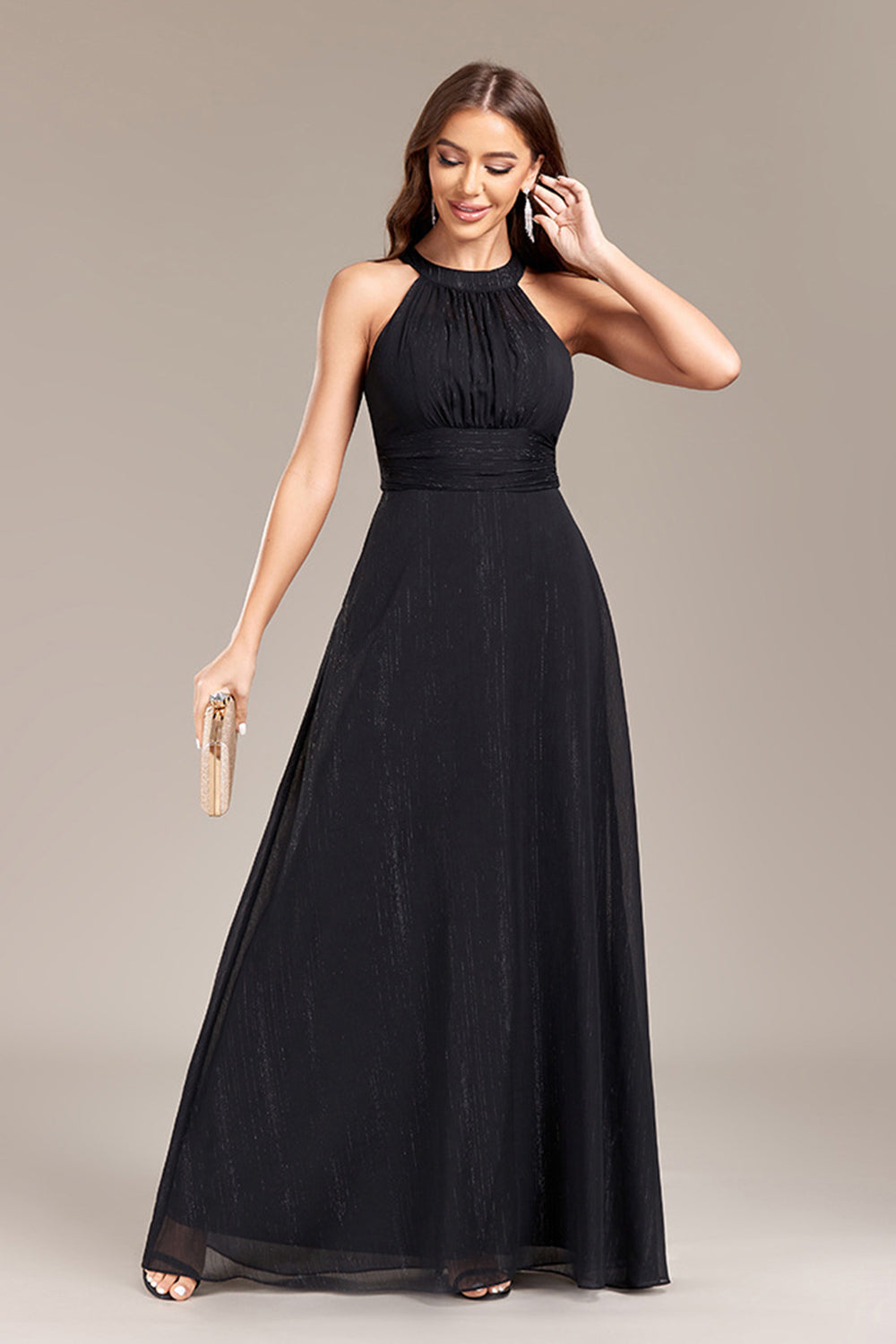 Black A Line Halter Wedding Party Guest Dress with Open Back