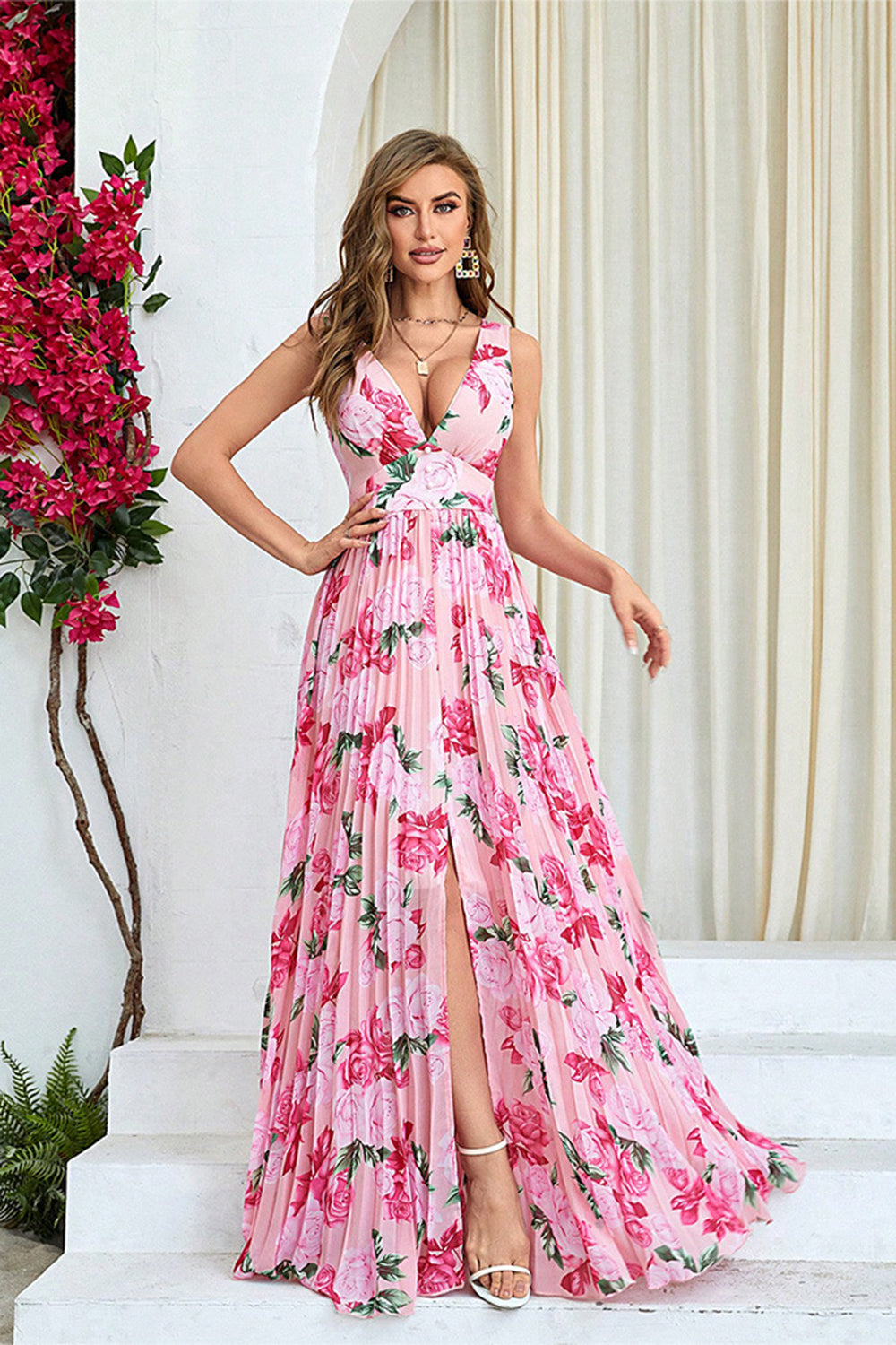 Pink Flower A Line Print Pleated Wedding Party Guest Dress with Slit