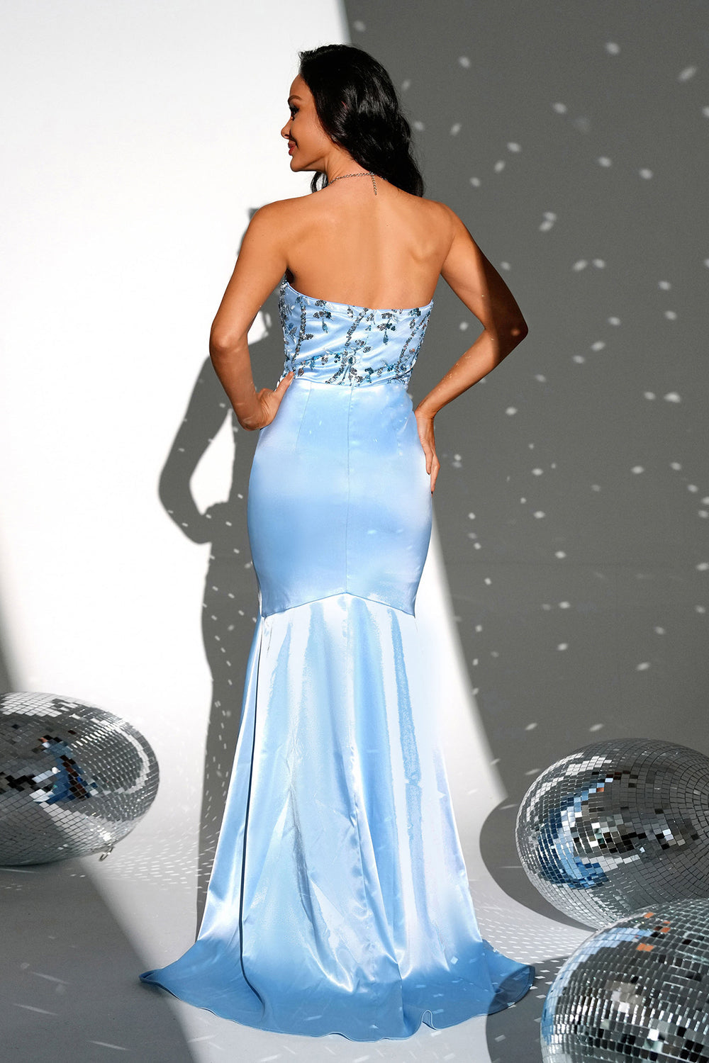 Sparkly Blue Mermaid Strapless Long Prom Dress with Slit