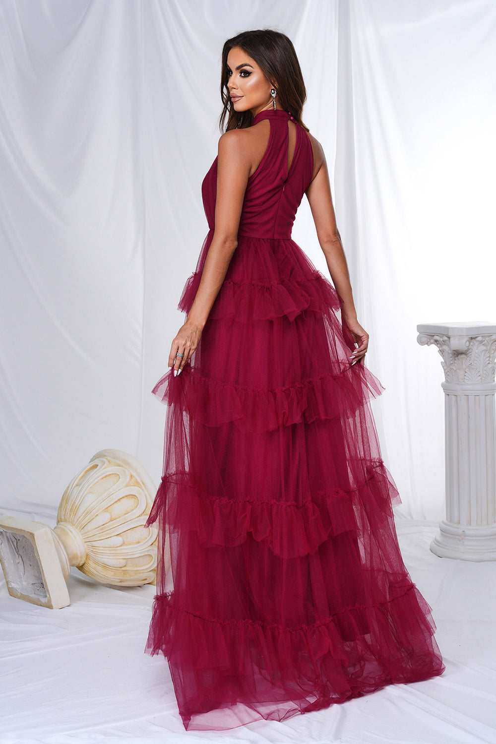 Burgundy A Line Halter Tiered Tulle Long Prom Dress