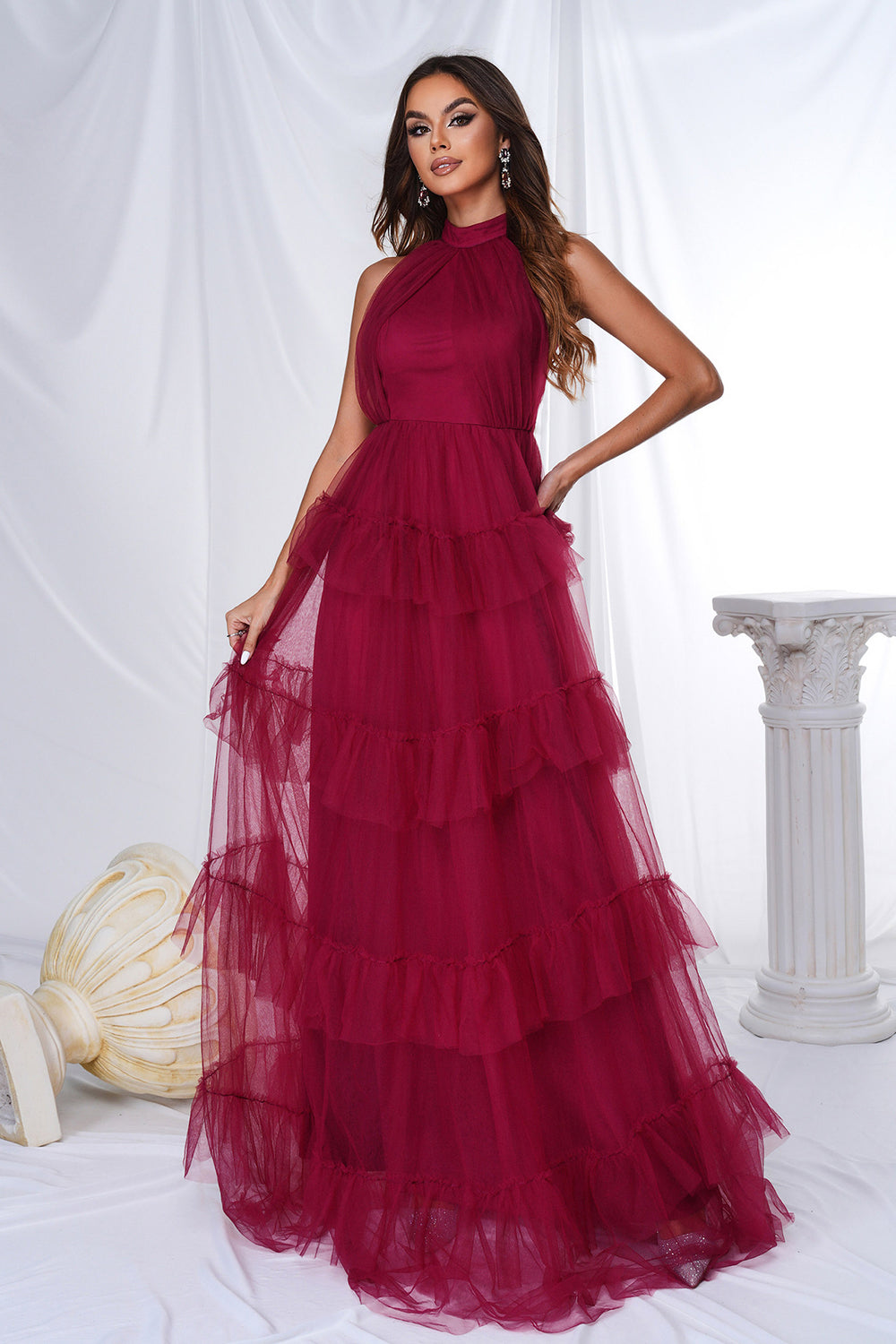 Burgundy A Line Halter Tiered Tulle Long Prom Dress