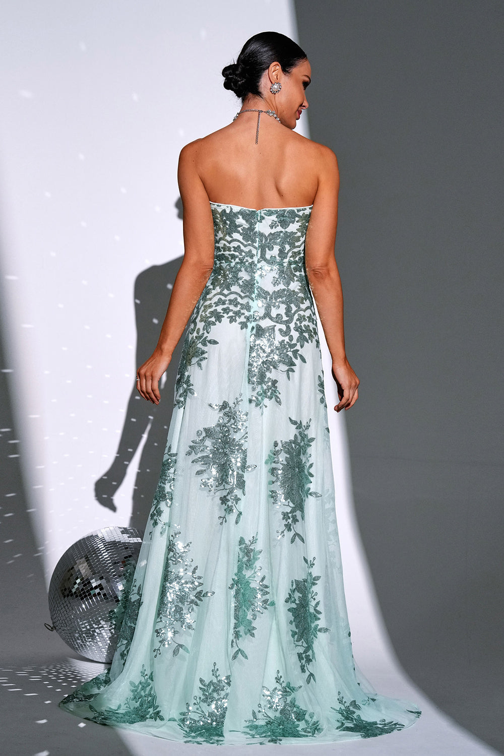 Sparkly Green A Line Sweetheart Strapless Long Prom Dress