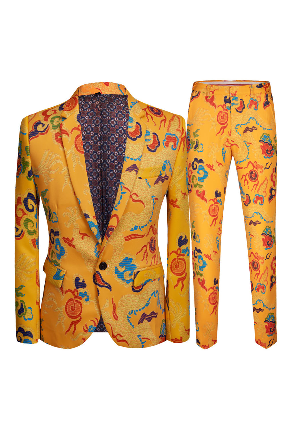 Men’s Yellow 2 Piece Notched Lapel Print Suit