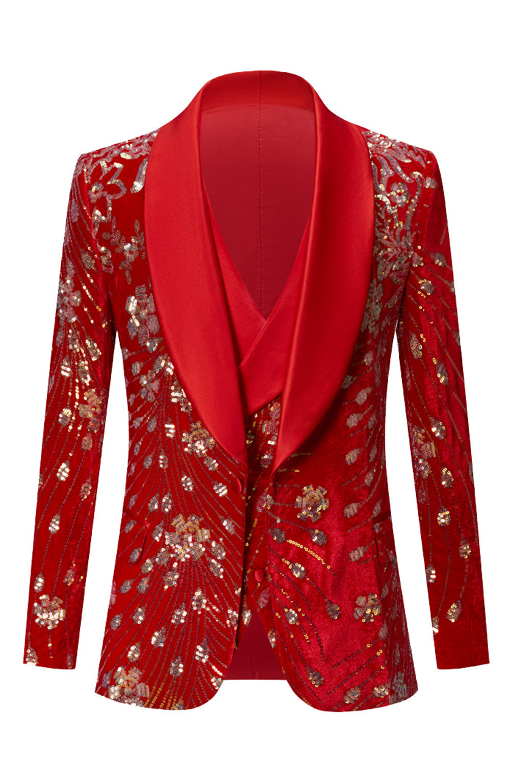 Men’s Sparkly Red Shawl Lapel 2 Piece Sequin Blazer and Vest