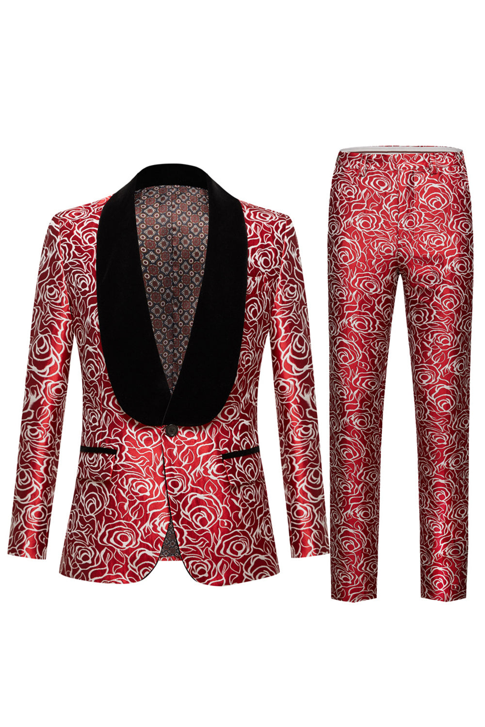 Men’s Red Shawl Lapel Printed 2 Piece Suit