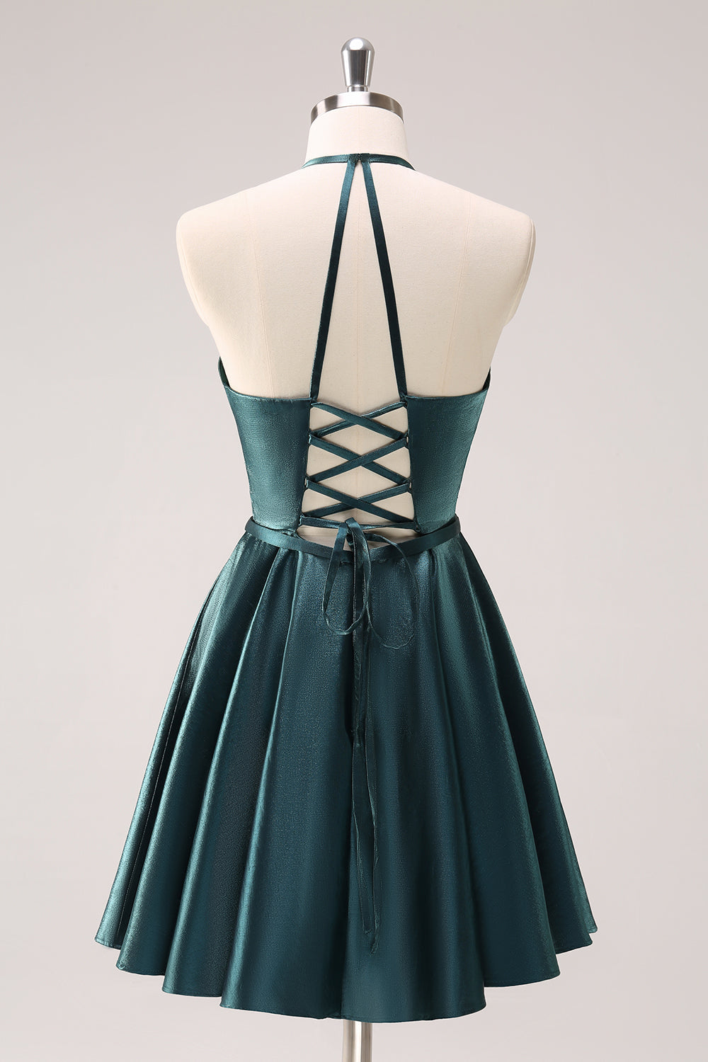 Peacock Blue A-Line Halter Short Homecoming Dress with Lace Up Back