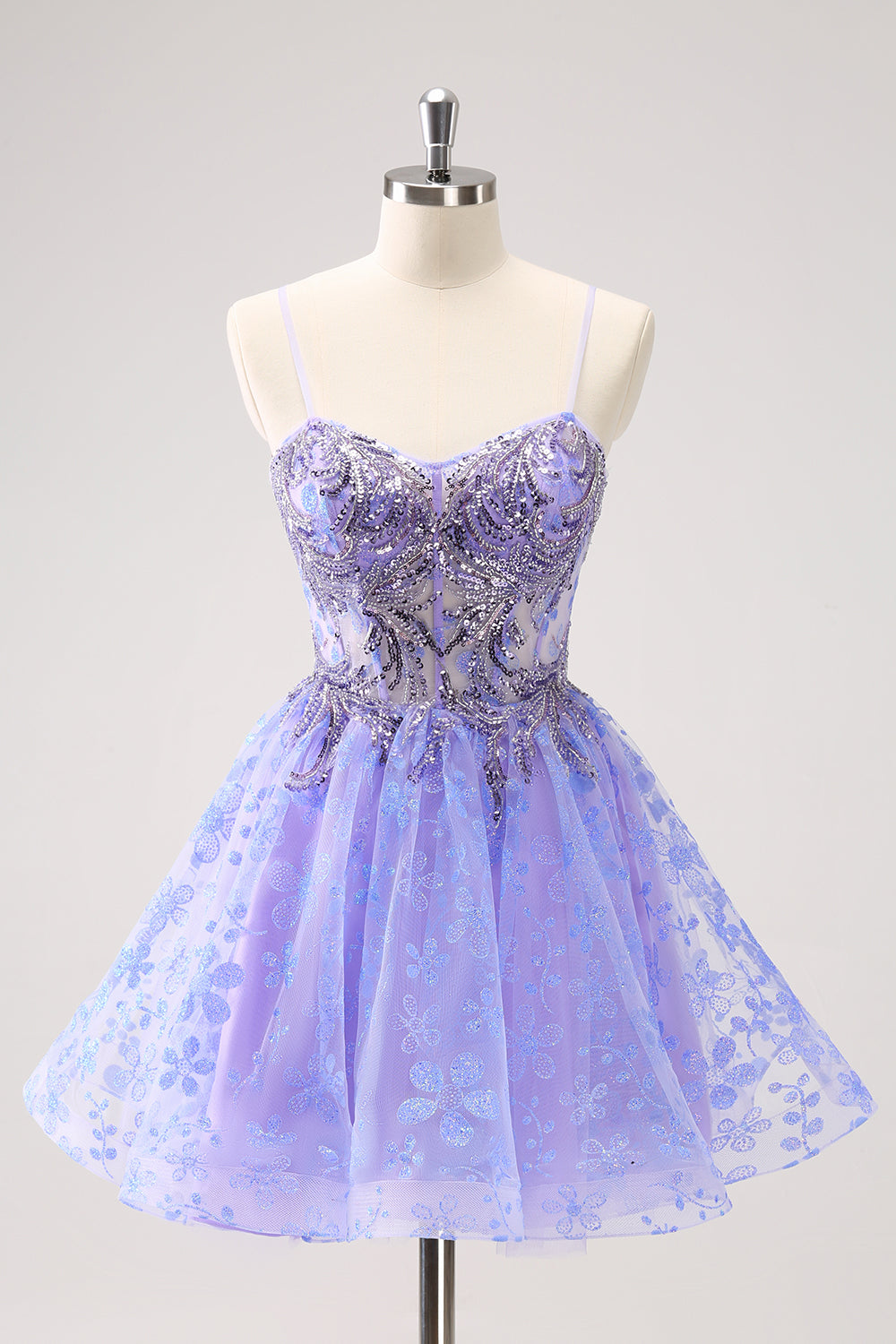 Sparkly Lilac A Line Corset Floral Short Homecoming Dress with Sequins