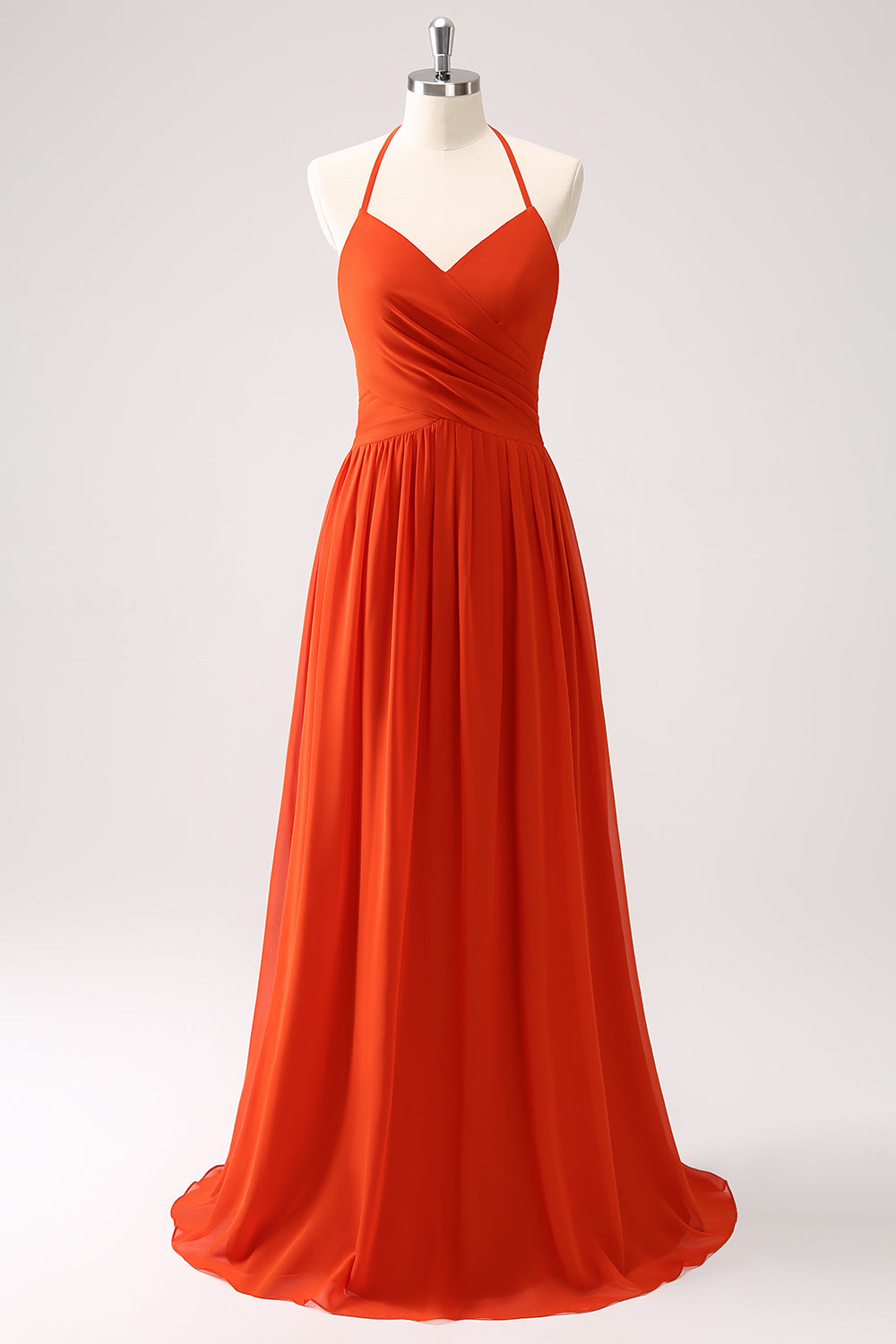 Orange A Line Halter Pleated Chiffon Long Bridesmaid Dress