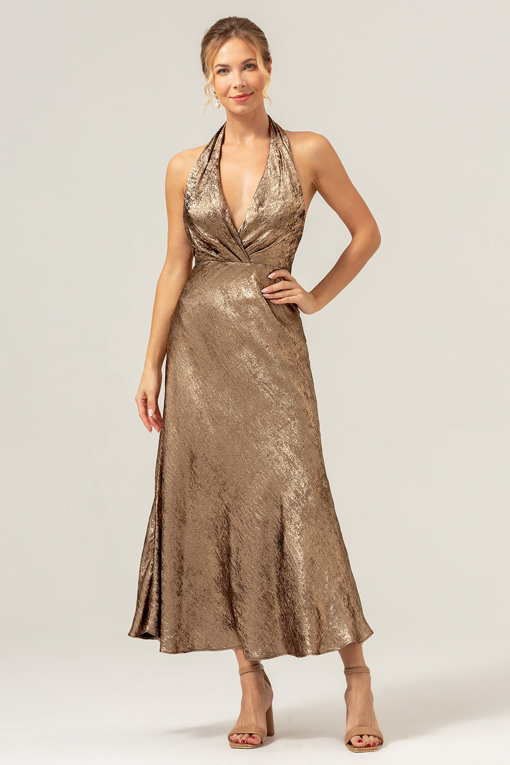 Golden Mermaid Halter Deep V Neck Tea Length Bridesmaid Dress