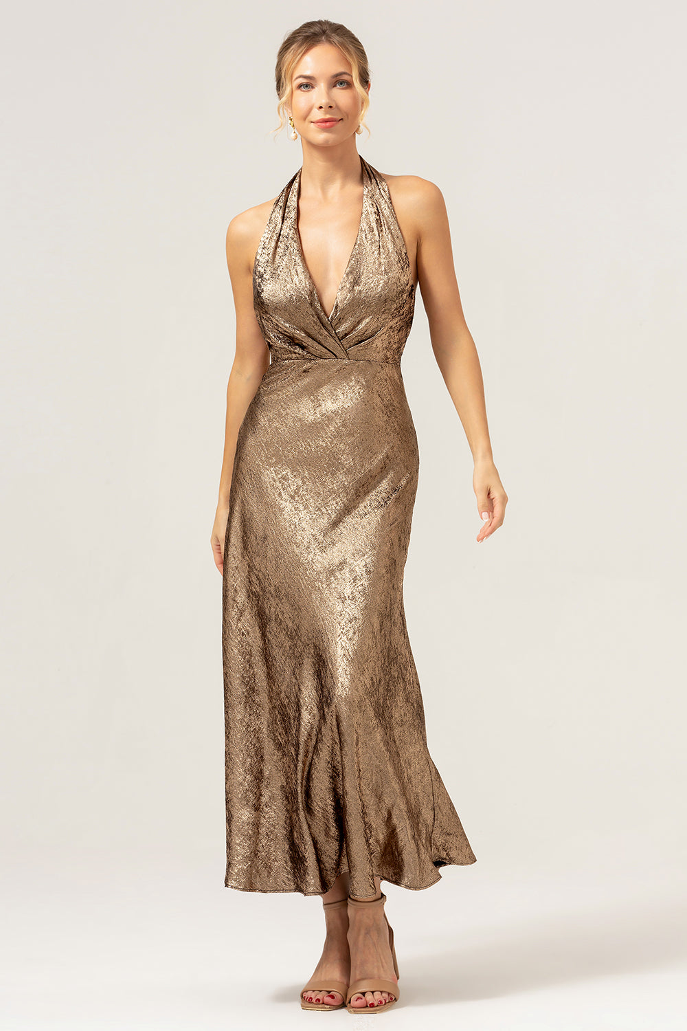 Golden Mermaid Halter Neck Midi Wedding Party Guest Dress