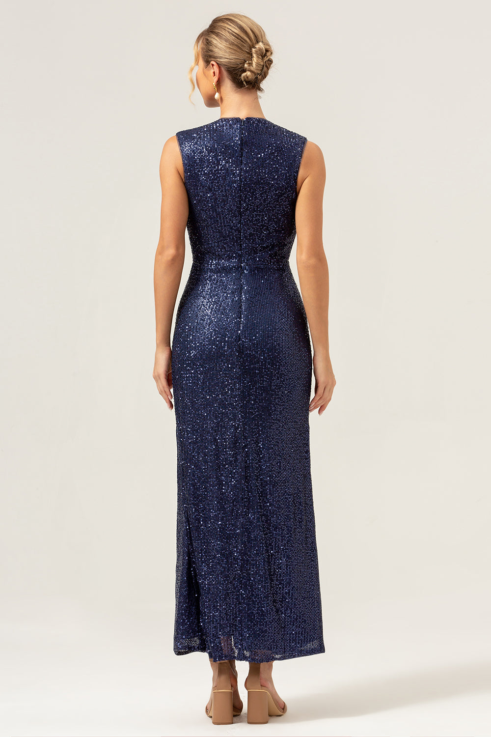 Sparkly Navy Sheath V-Neck Sequins Sleeveless Wedding Party Dress With Slit