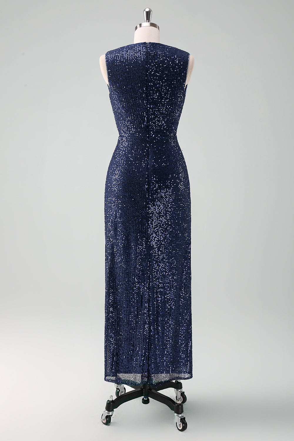 Sparkly Navy Sheath V-Neck Sequins Sleeveless Mother Of Bride Dress With Slit