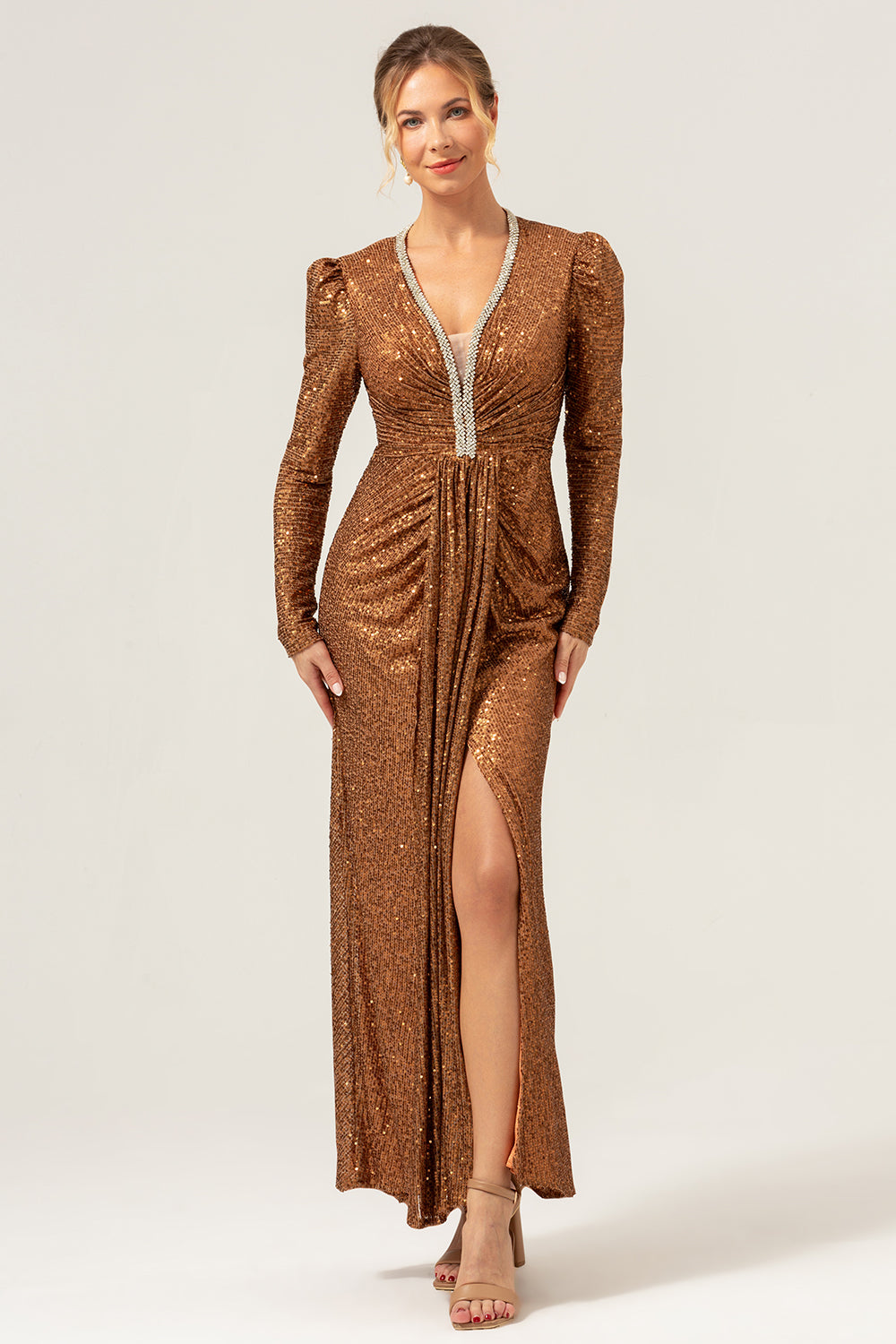 Sparkly Coffee Sheath V-Neck Sequins Long Sleeves Prom Dress with Beading