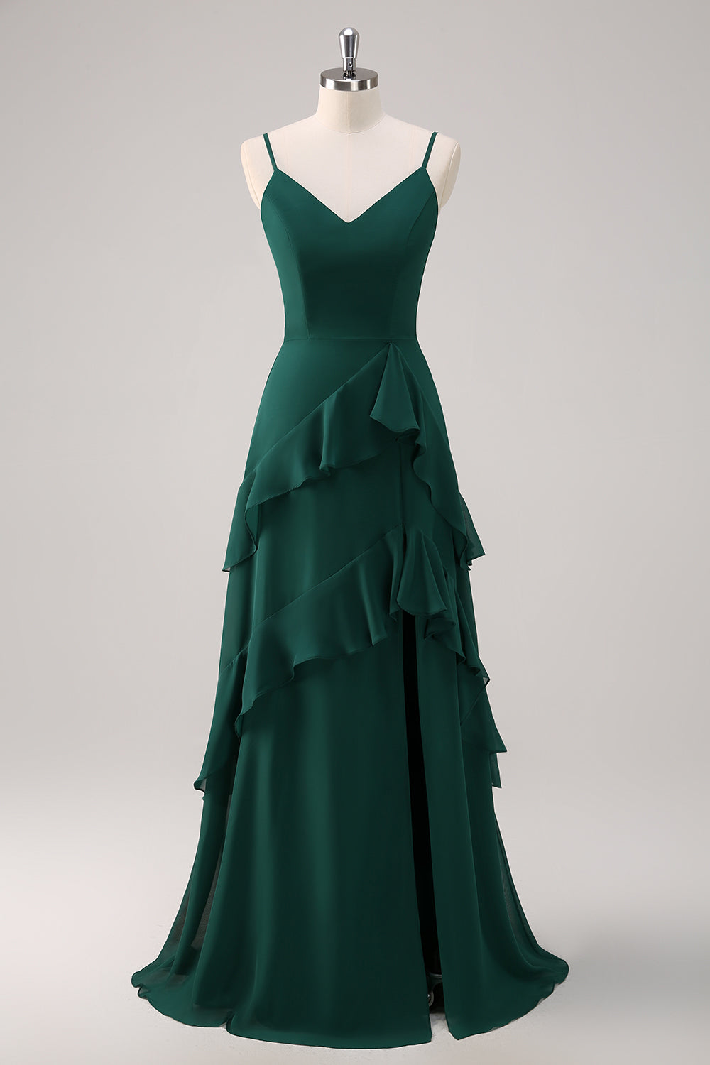 Dark Green A Line Spaghetti Straps Ruffled Chiffon Floor Length Bridesmaid Dress with Slit