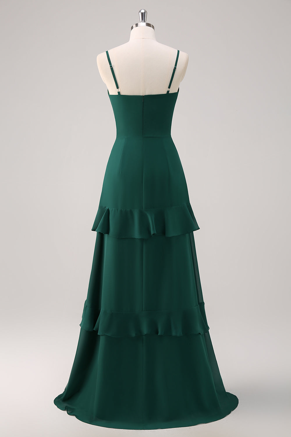 Dark Green A Line Spaghetti Straps Ruffled Chiffon Floor Length Bridesmaid Dress with Slit