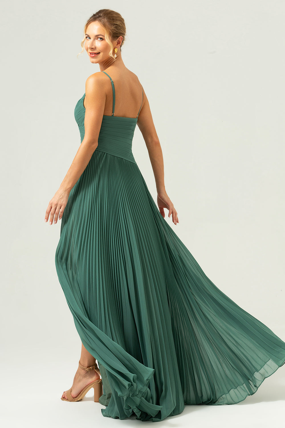 Eucalyptus A Line Spaghetti Straps Pleated Long Bridesmaid Dress with Slit