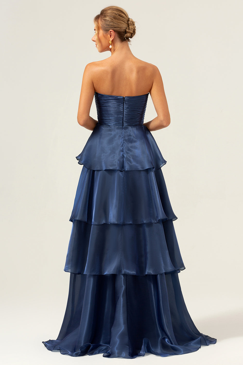 Dark Navy A Line Strapless Tiered Pleated Ruffled Floor Length Bridesmaid Dress