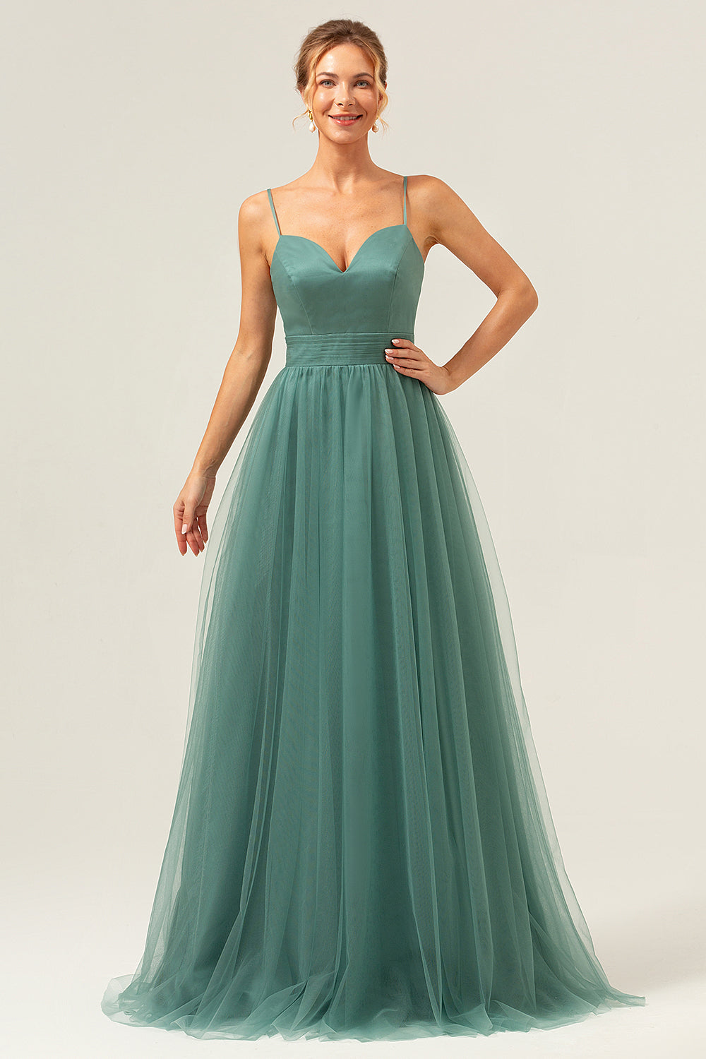 Eucalyptus A Line Spaghetti Straps Ruched Floor Length Bridesmaid Dress