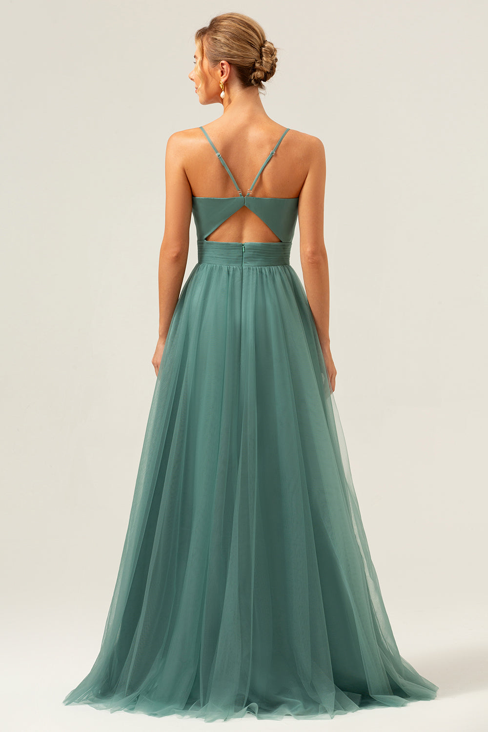 Eucalyptus A Line Spaghetti Straps Ruched Floor Length Bridesmaid Dress