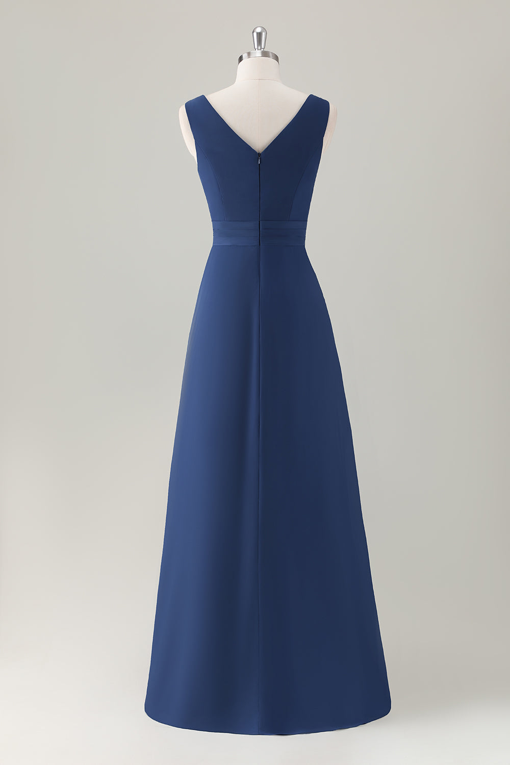 Dark Blue A Line Ruched Corset Chiffon Long Bridesmaid Dress with Ruffle Slit