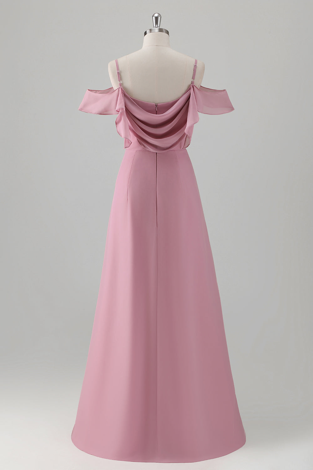 Pink A Line Cold Shoulder Ruched Long Bridesmaid Dress with Slit