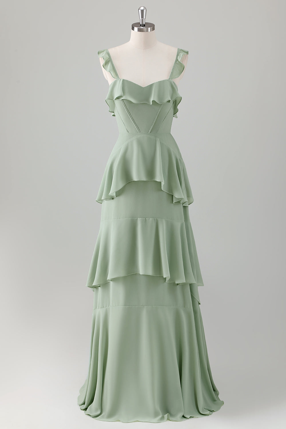 Light Green A-Line Square Neck Chiffon Tiered Long Bridesmaid Dress