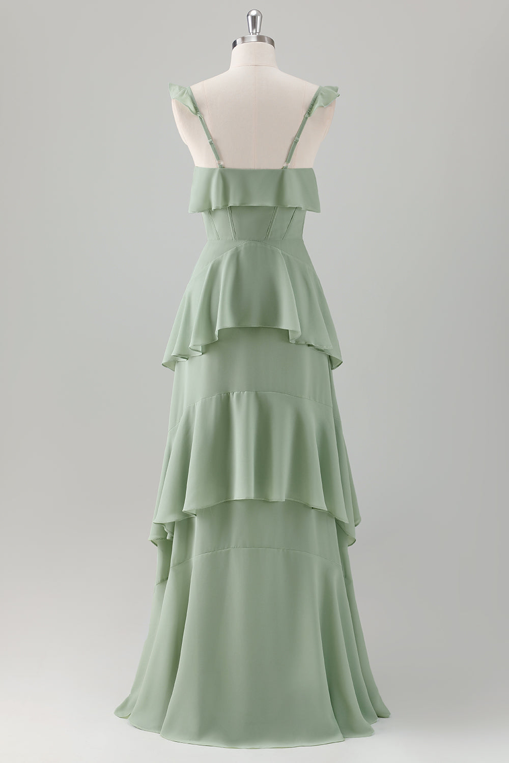 Light Green A-Line Square Neck Chiffon Tiered Long Bridesmaid Dress